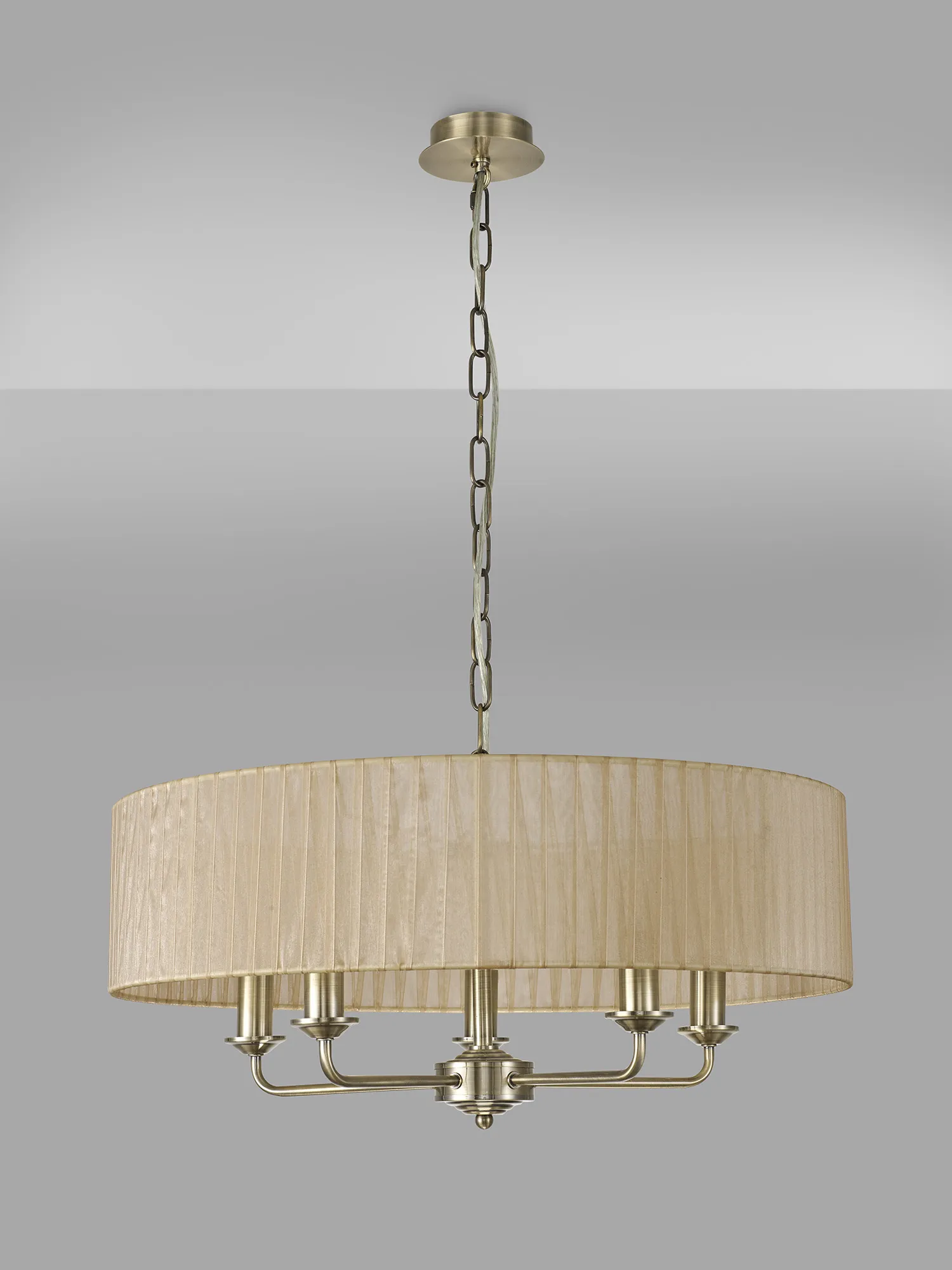 Banyan 5 Light Multi Arm Pendant With 60cm x 15cm Organza Shade Antique Brass/Soft Bronze DK0870  Deco Banyan AB SB